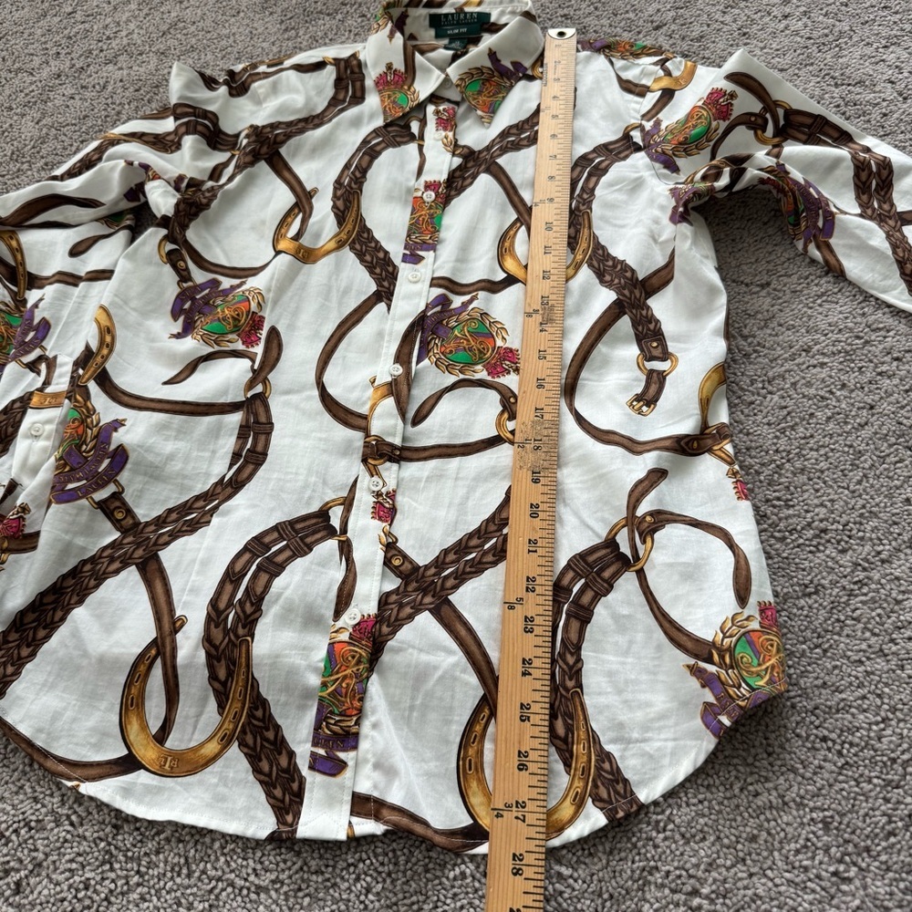 Lauren Ralph Lauren Equestrian Button Up Blouse Horse Bridle‎ Bit Sz 12 Slim Fit - Picture 14 of 16